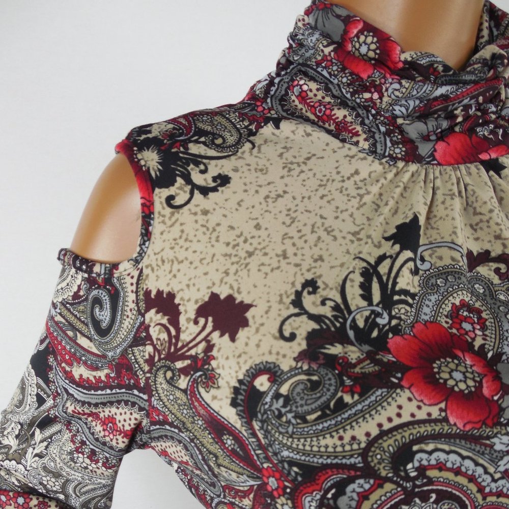 SUSAN GRAVER Top L Cold Shoulder Shirt Stretch Long Sleeve Paisley/Floral Casual - Picture 3 of 11